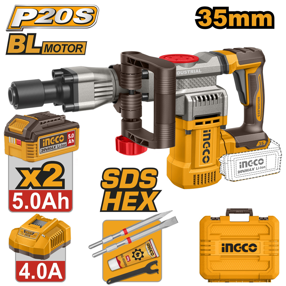 INGCO 20V BL Cordless Demolition Breaker 16J 2X5.0+CHARGER+CASE CDBLI203582
