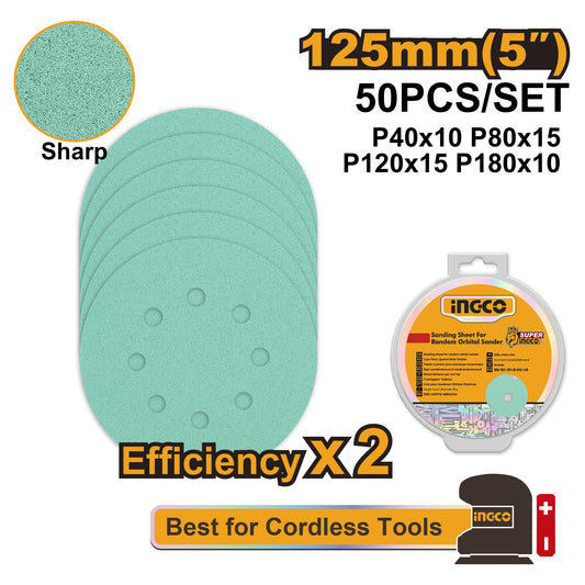 INGCO 50X 5" Green Orital Sanding Disc 10XP40&P180,15XP80&P120 AKRS125050