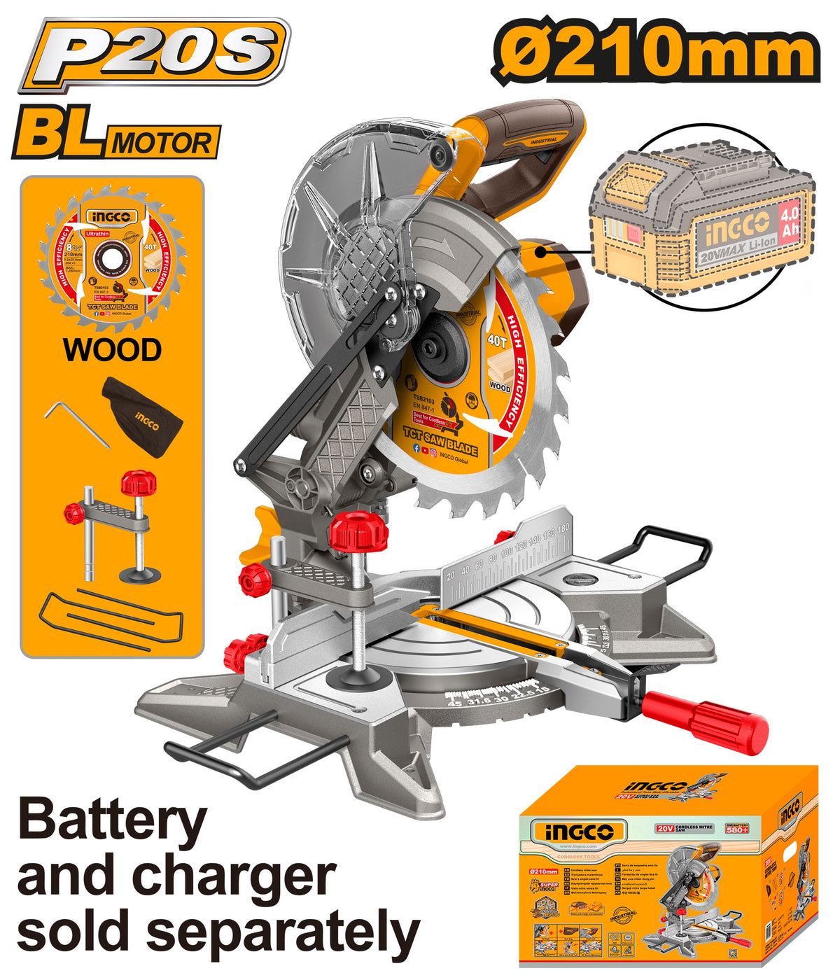 INGCO 20V LI-ION Mitre Saw, 8-1/4" 210mm 25.4mm Bore CMS2021 (Bare Unit) CMSLI2021