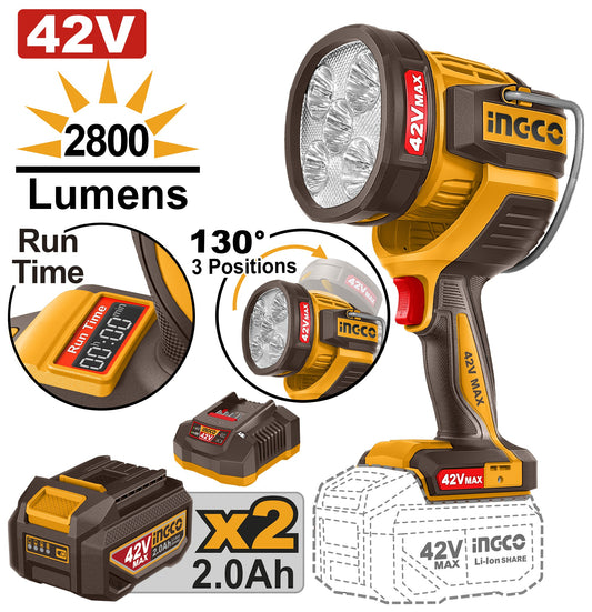 INGCO 42V BL 2800 Lumens Power Work Lamp 2X2.0Ah CWLI42896