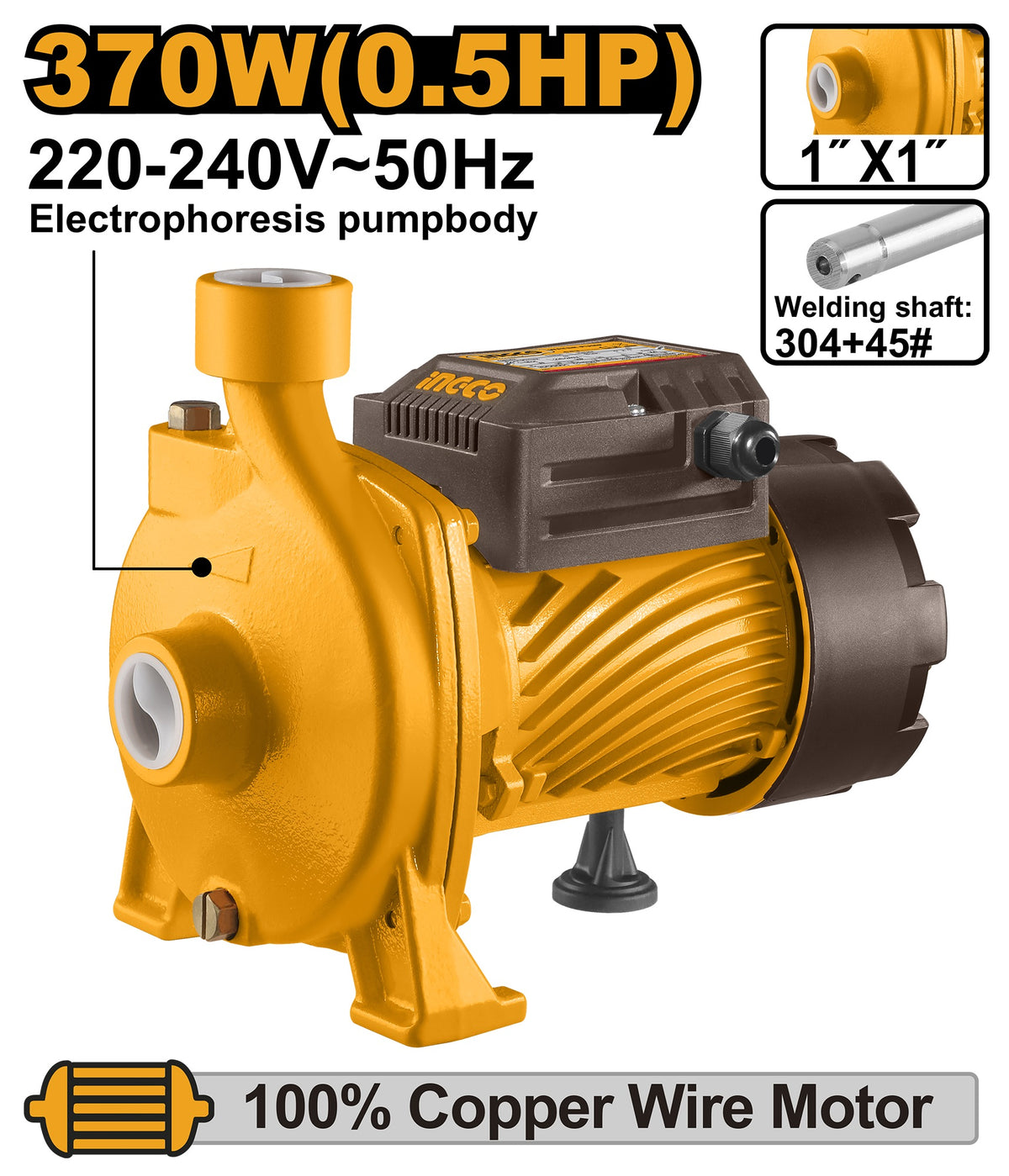 INGCO Centrifugal Pump 370W 1" x 1" Max Head 22m Max Flow 90L/MIN CPM37068
