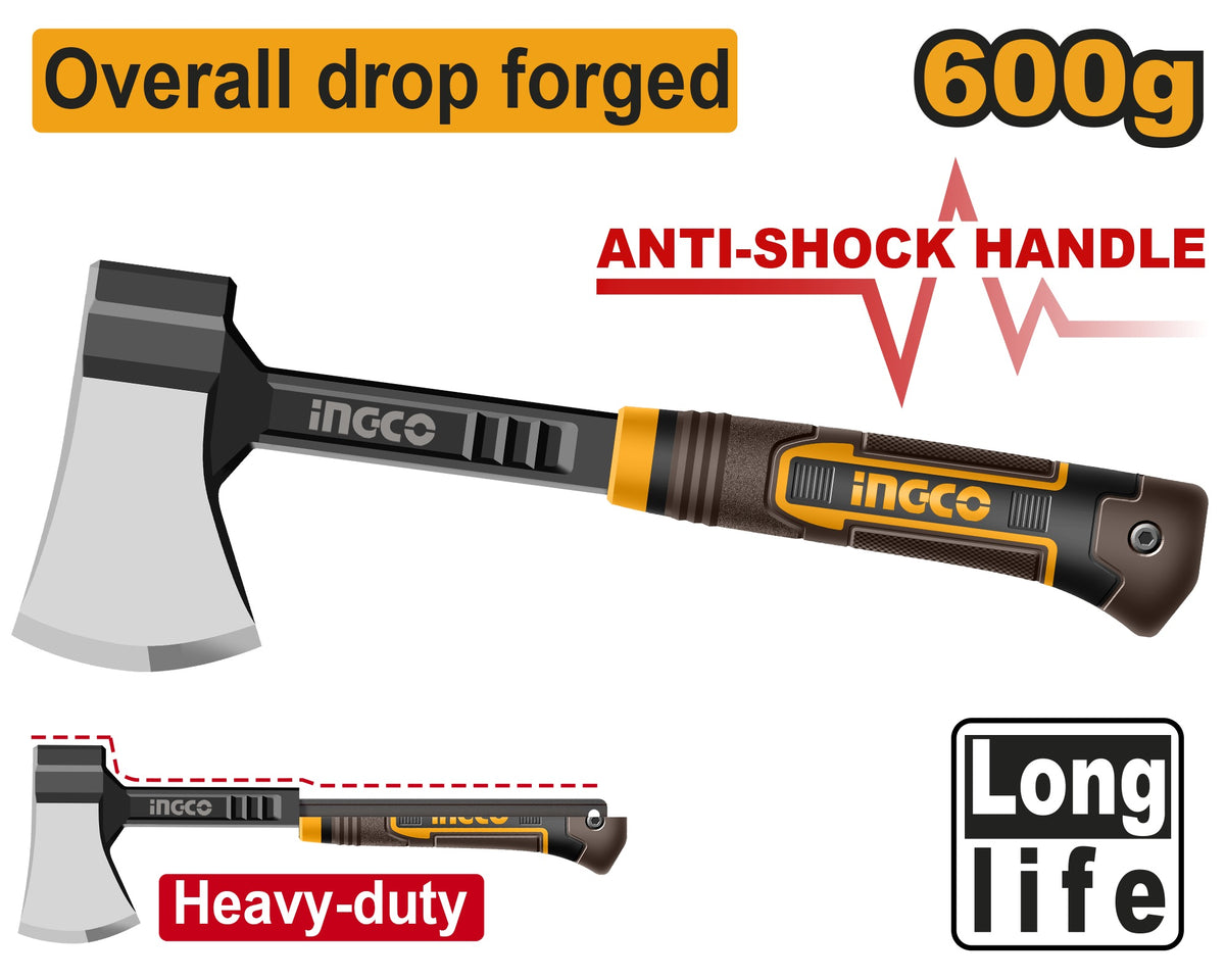 INGCO 600GM Drop Froged Axe Anti Shock F'glass Handle 390mm Lth HAX081600L