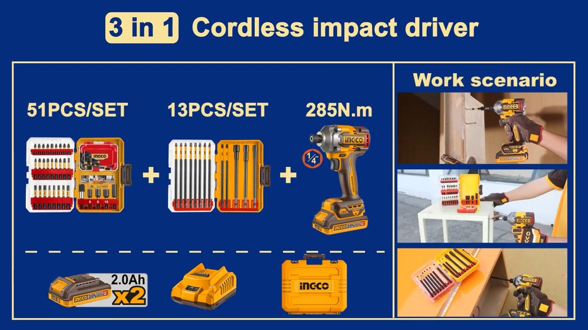 INGCO 285Nm Impact Driver +2 Sets of Driver Bits Combo COSLI250784 – view 3
