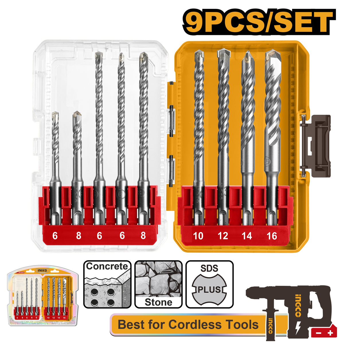 INGCO 9pcs Sds+ Drill Bit set 6~16mm AKDL30906