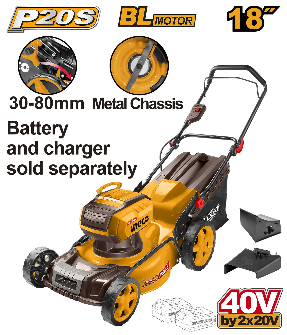 INGCO LI-ION 40V(2X20V) BL 460mm Lawn Mower (Bare Unit) LMLI20185
