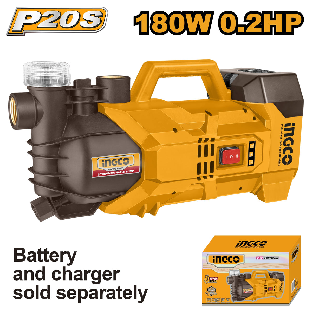 INGCO 20V LI-ION Water Pump Max Head 22m Max Flow 47L/MIN (Bare Unit) GWPLI201801