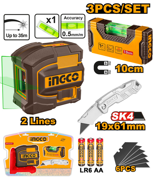INGCO 3pc Greenlaser Laveller+mini Level+folding Knife COSLL251002
