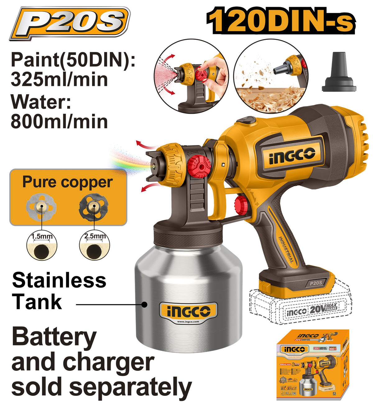 INGCO 20V LI-ION Cordless Spray Gun 800ml SS Tank (Bare Unit) CSGLI20041