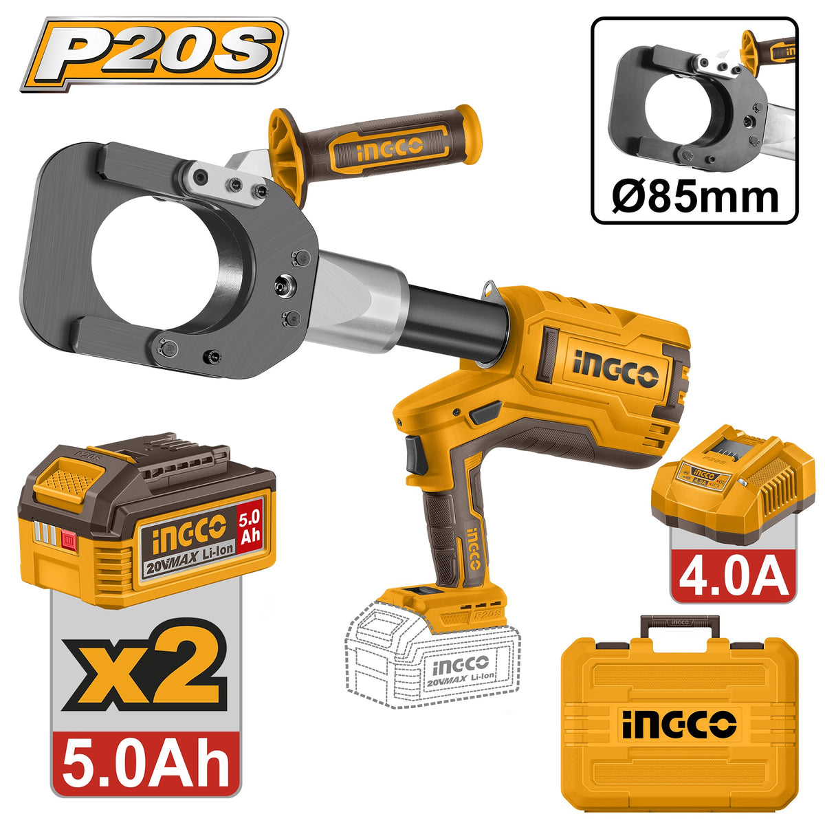 INGCO 20V Hydraulic Cable Cutter MAX.85MM2, 2X20V 5.0Ah+CHARGER CRCLI2005