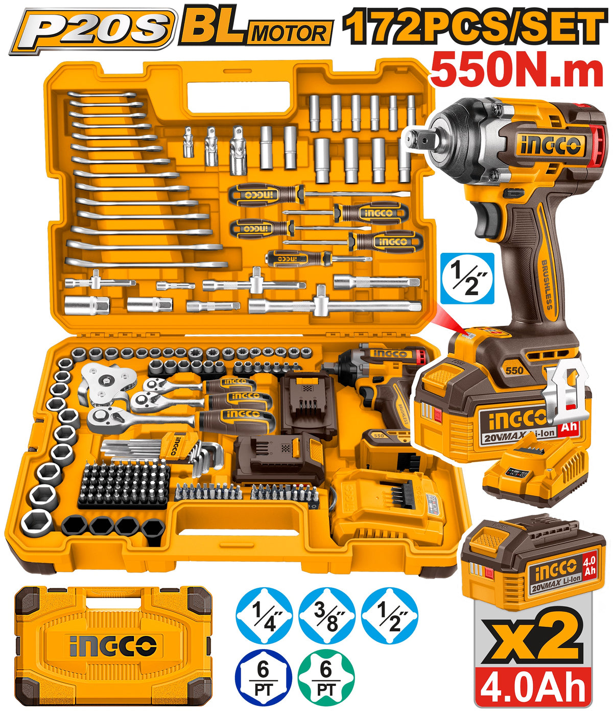 INGCO 20V Impact Wrench 550Nm in 172pcs Tool Kit set HKTHP41723