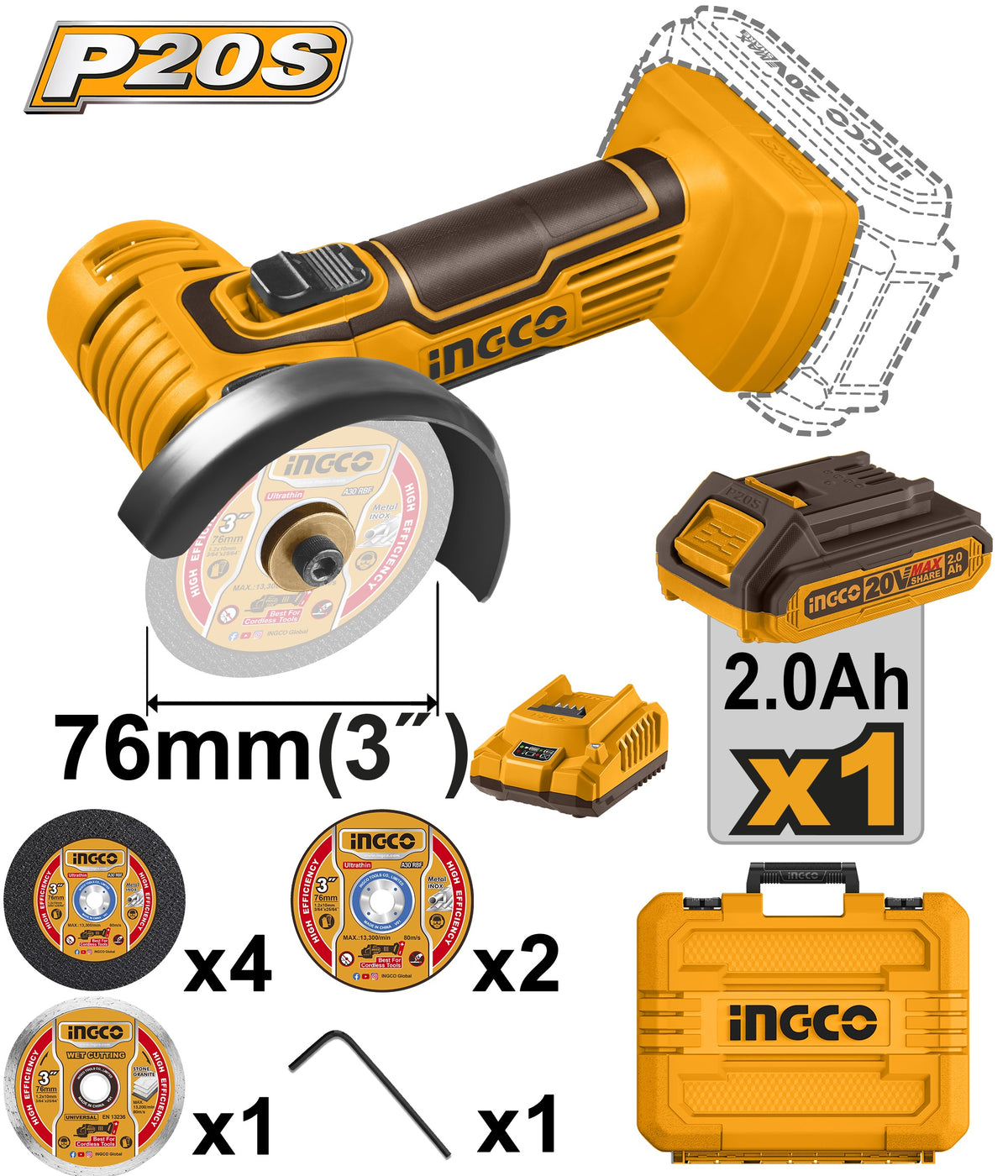 INGCO 20V LI-ION Mini Cut-Off Tool 76mm 1X2.0Ah,CHARGER+CASE CAGLI76012