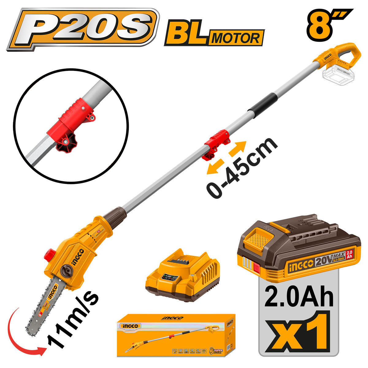 INGCO 20V BL Pole Saw Max Lth 2m, 8"CHAIN Saw 1X2.0Ah+CHARGER PSLI20281