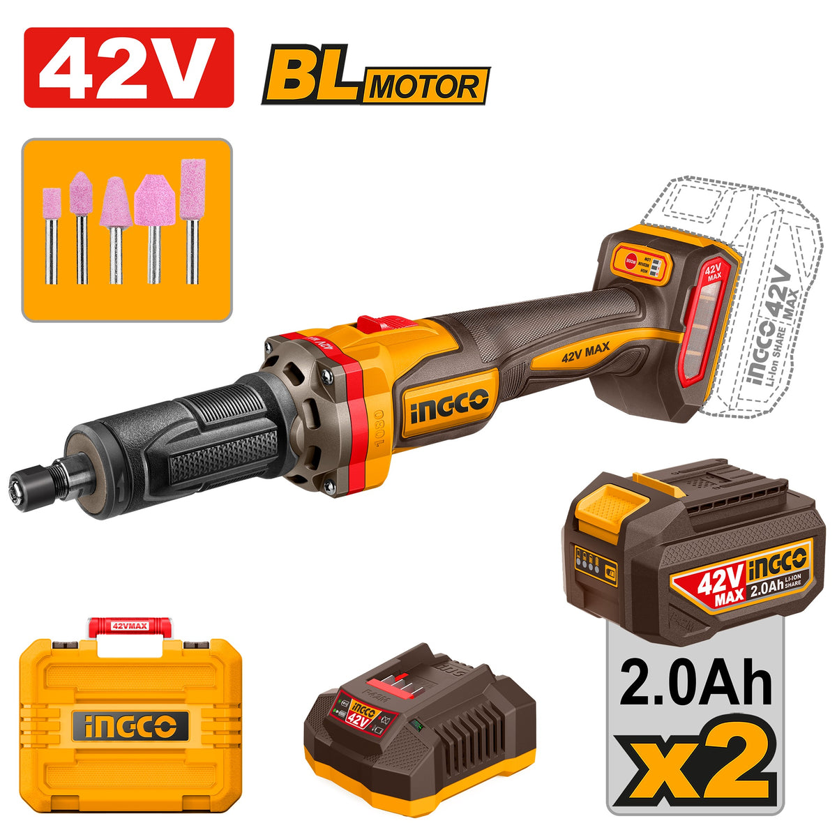 INGCO 42V BL 1/4" Cordless Die Grinder 2X2.0Ah +case CDGLI42012