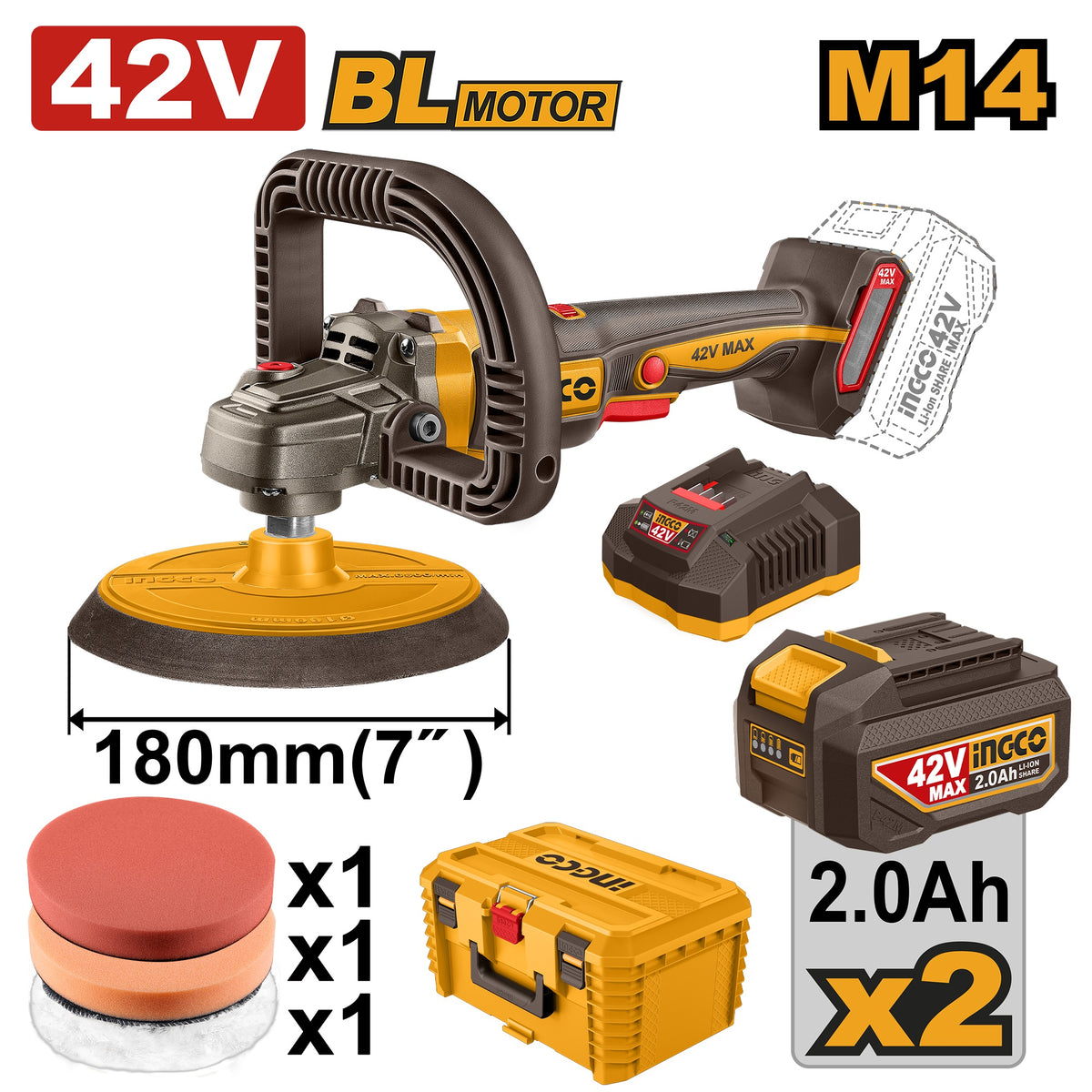 INGCO 42V BL 7" Polisher 2X2.0Ah +storage Box APLI42182