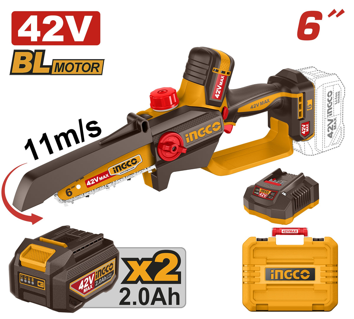 INGCO 42V BL 6" Cordless Purning Saw 2X2.0Ah+CASE CGSLI42681