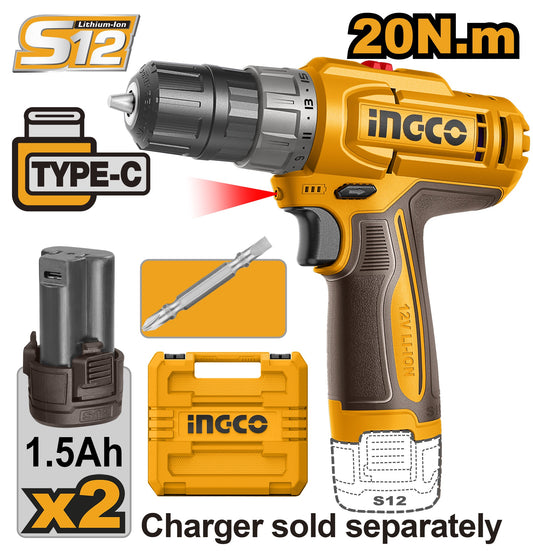 INGCO 12V LI-ION Drill 20Nm 2X1.5Ah Type C Batt + Case CDLI12206