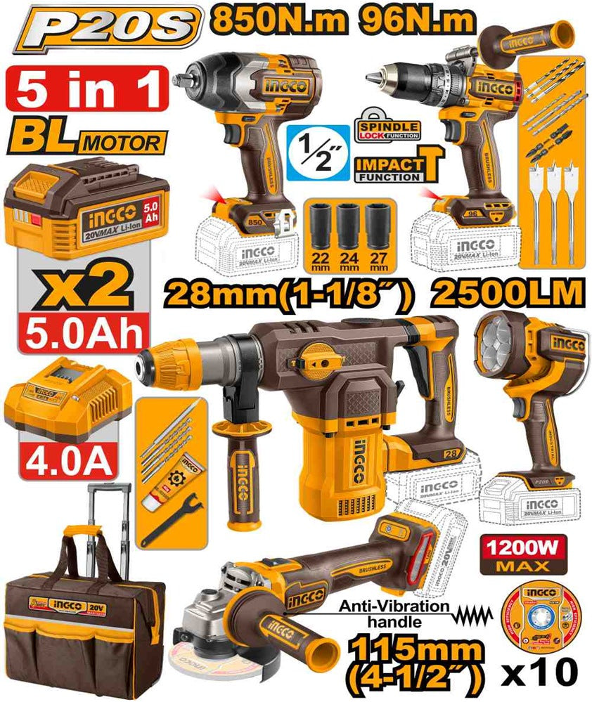 INGCO 5pcs 850Nm IW+96Nm ID+4-1/2" Grinder+lamp+rotary Hammer COSLI251193 COS251193