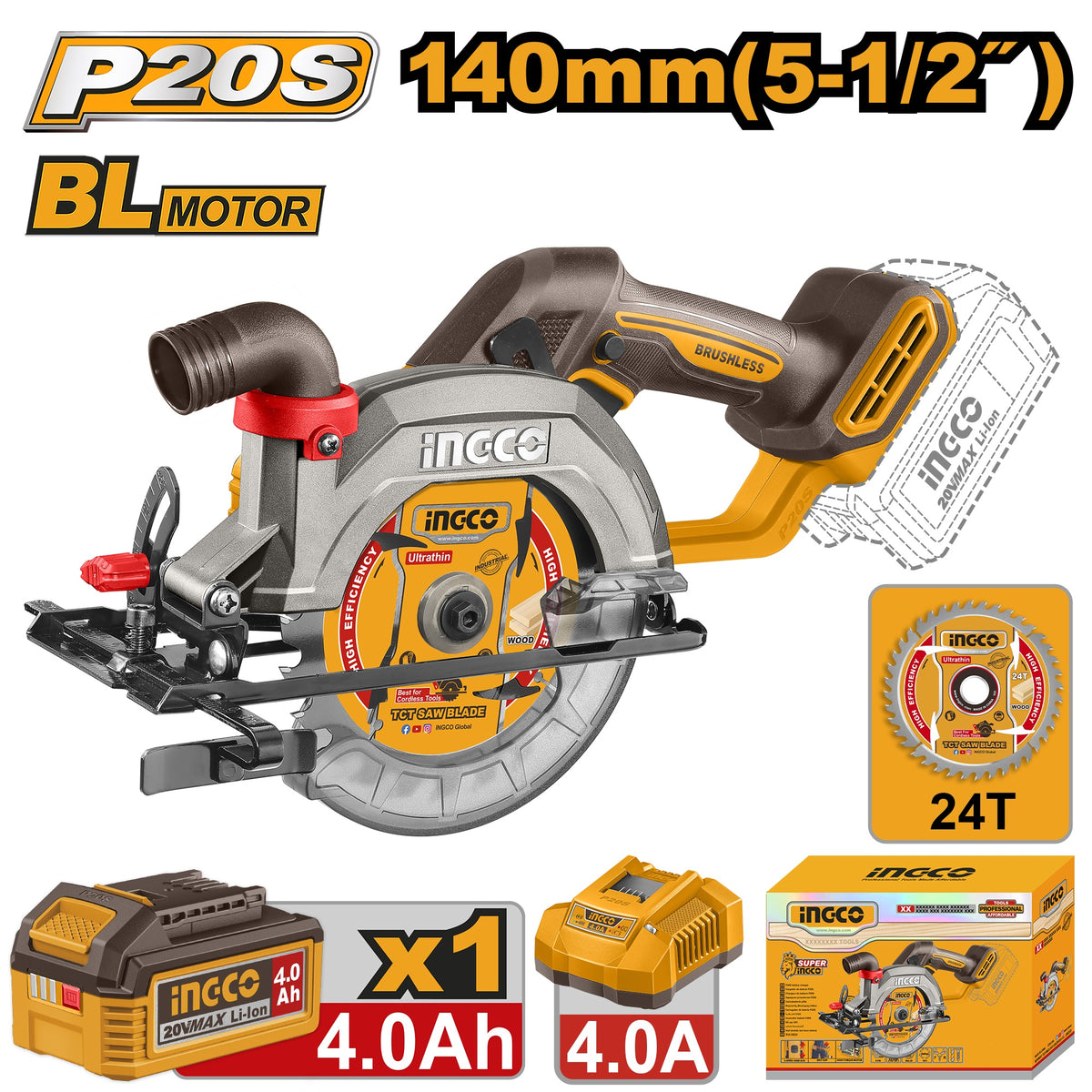 INGCO 20V LI-ION BL Circular Saw 140mm Blade 1X4.0 + Chrg CSLI14023