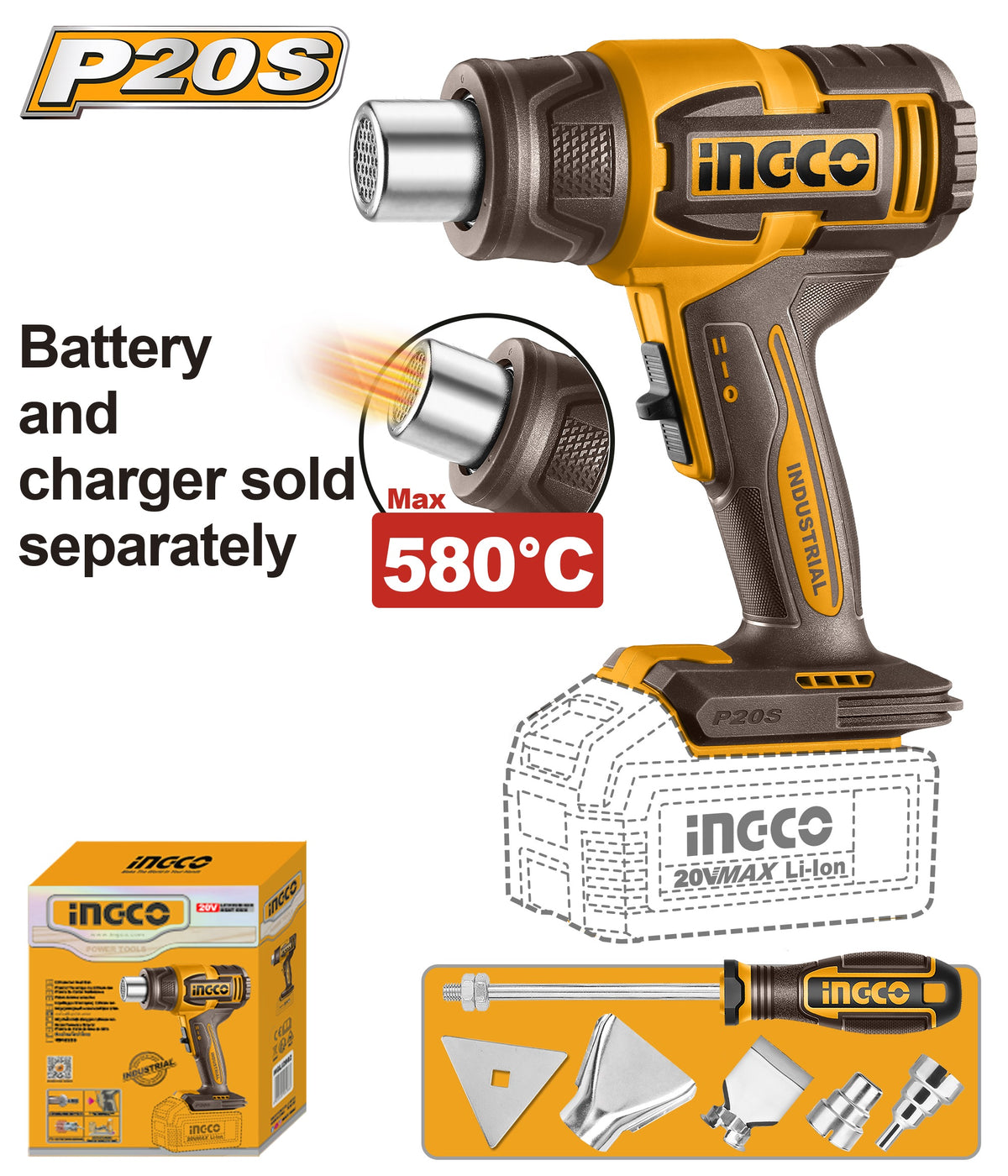 INGCO 20V LI-ION Heat Gun 300/580°C + Tools (Bare Unit) HGLI2008