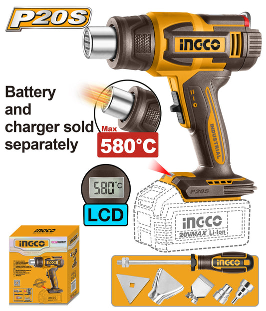 INGCO 20V LI-ION Heat Gun 300/580°C+TOOLS LCD Display (Bare Unit) HGLI2058