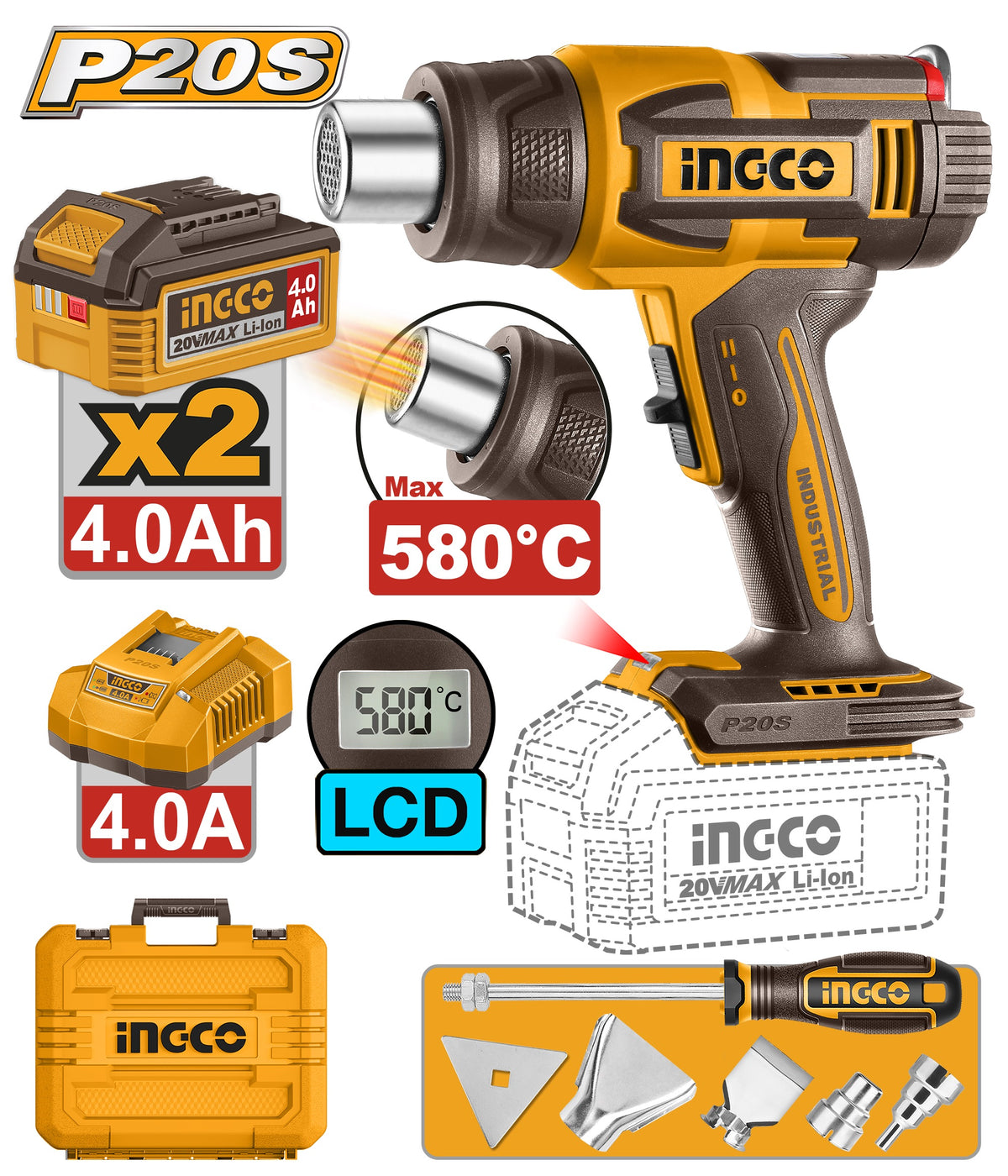 INGCO 20V LI-ION Heat Gun 300/580°C 2X4.0Ah+CHGR+TOOLS+CASE LCD HGLI20582