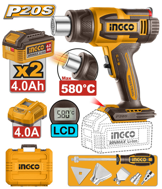 INGCO 20V LI-ION Heat Gun 300/580°C 2X4.0Ah+CHGR+TOOLS+CASE LCD HGLI20582