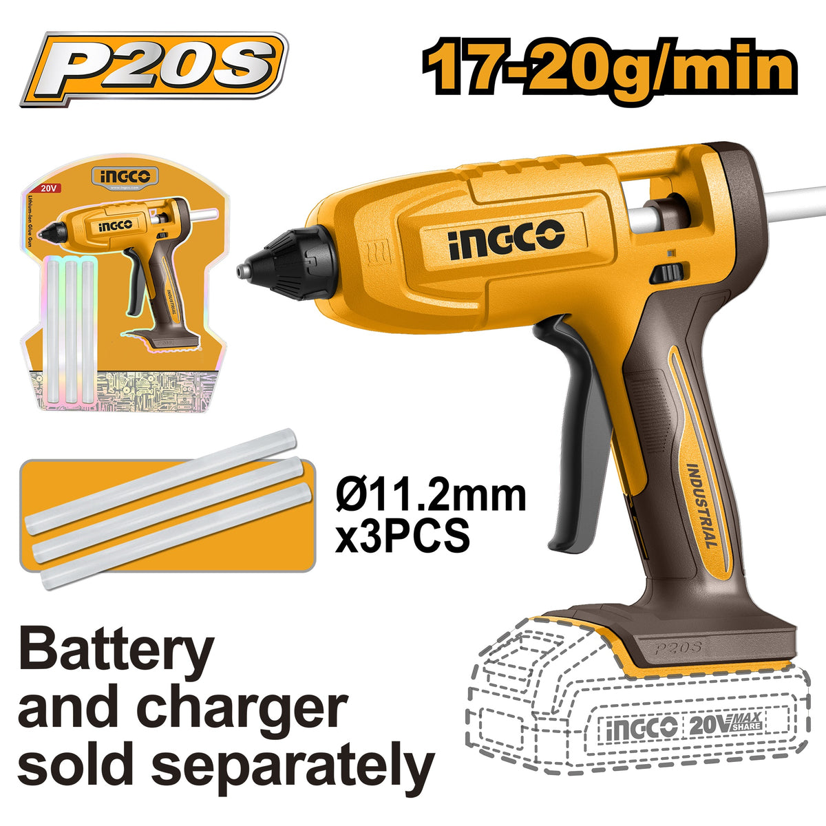 INGCO 20V LI-ION Glue Gun W/3X11.2mm Glue Stick (Bare Unit) CGGLI2003