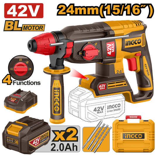 INGCO 42V BL 24mm 4-MODE Rotary Hammer 2X2.0Ah & Case CRHLI422482