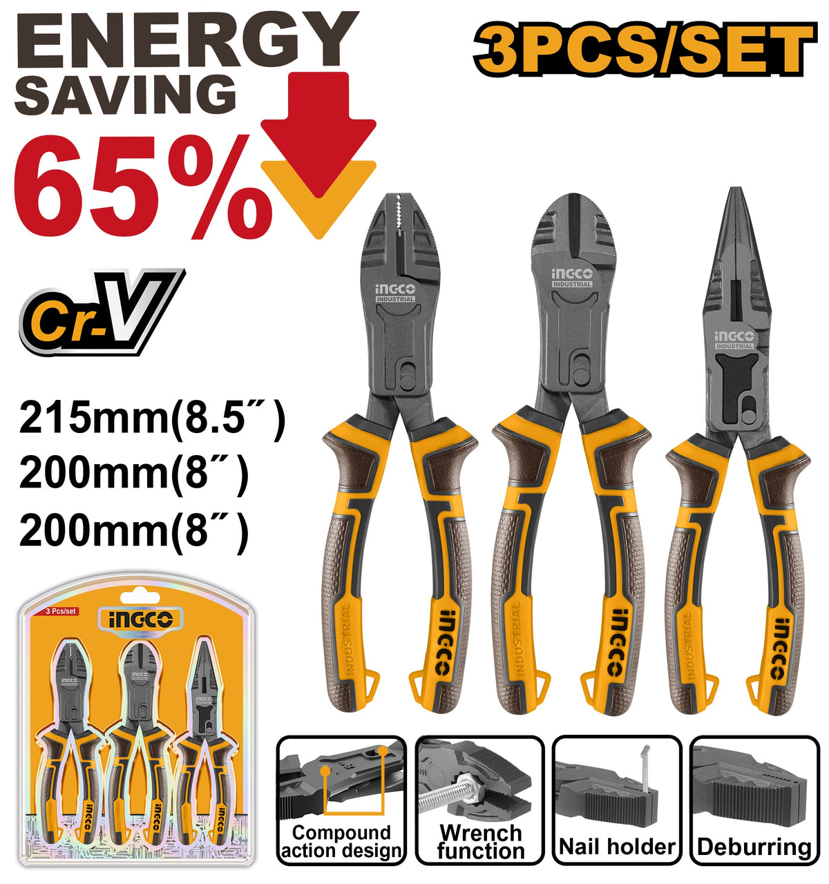 INGCO 3pcs Compound Action Plier set HKCPS5831