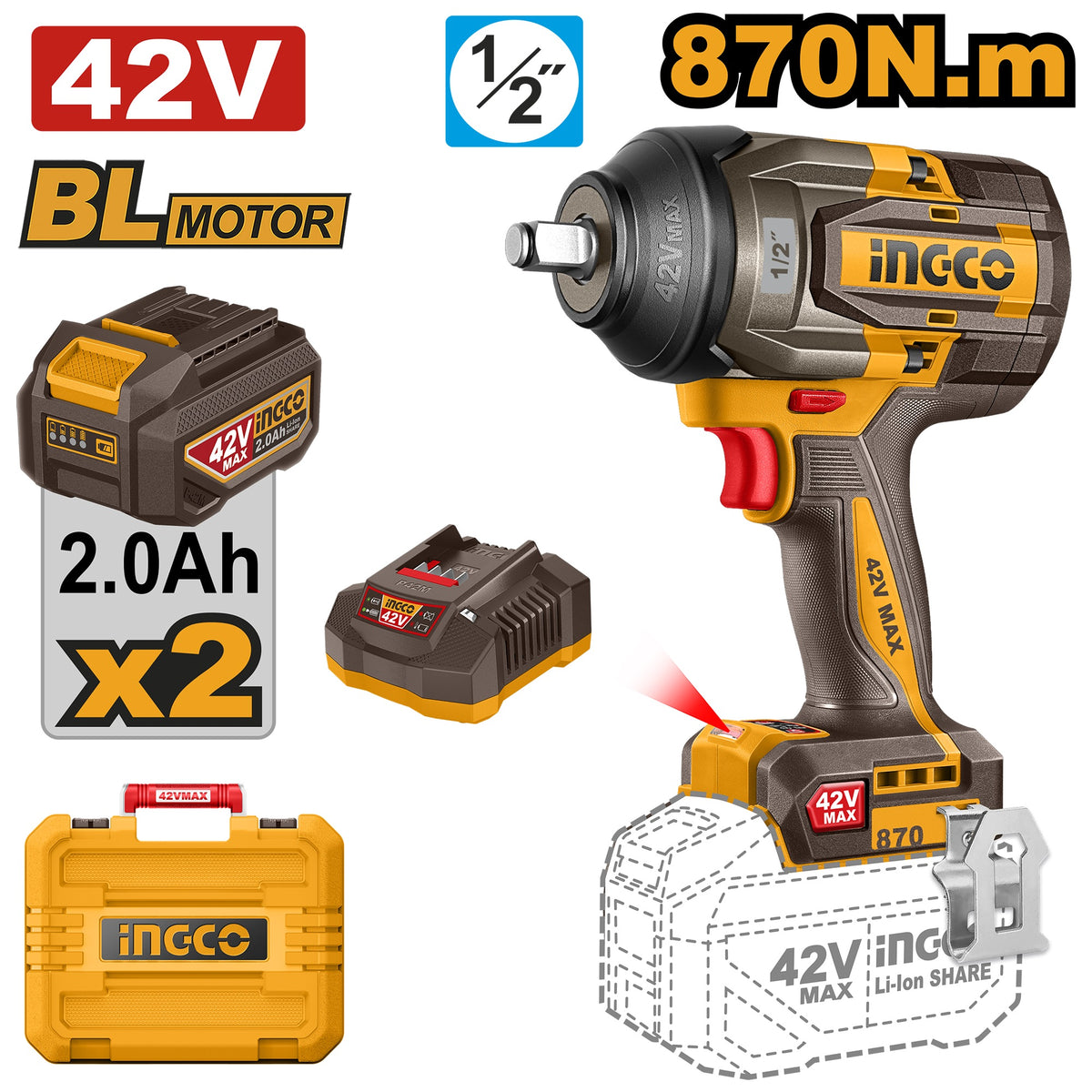 INGCO 42V BL 1/2" 870Nm Impact Wrench Ai Mode 2X2.0Ah & Case CIWLI42862