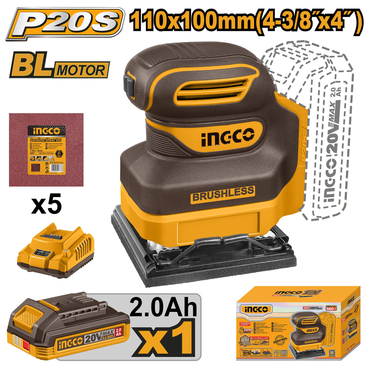 INGCO 20V BL Sheet Sander 110X100mm 1X2.0Ah & Charger CSHSLI20241