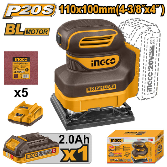 INGCO 20V BL Sheet Sander 110X100mm 1X2.0Ah & Charger CSHSLI20241