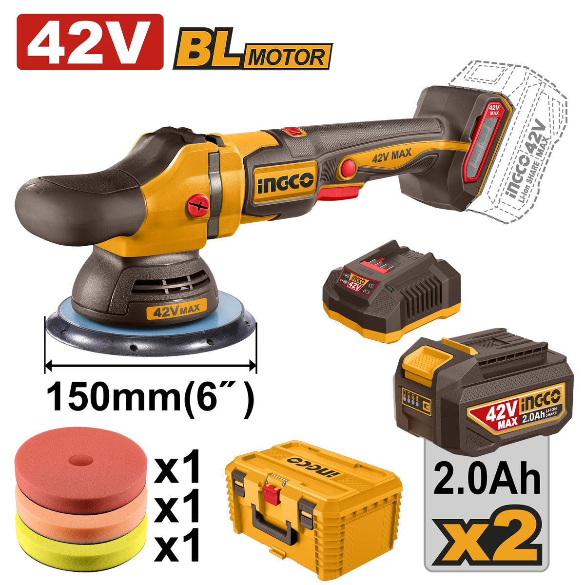 INGCO 42V BL 6" Polisher 2X2.0Ah +storage Box APLI42152