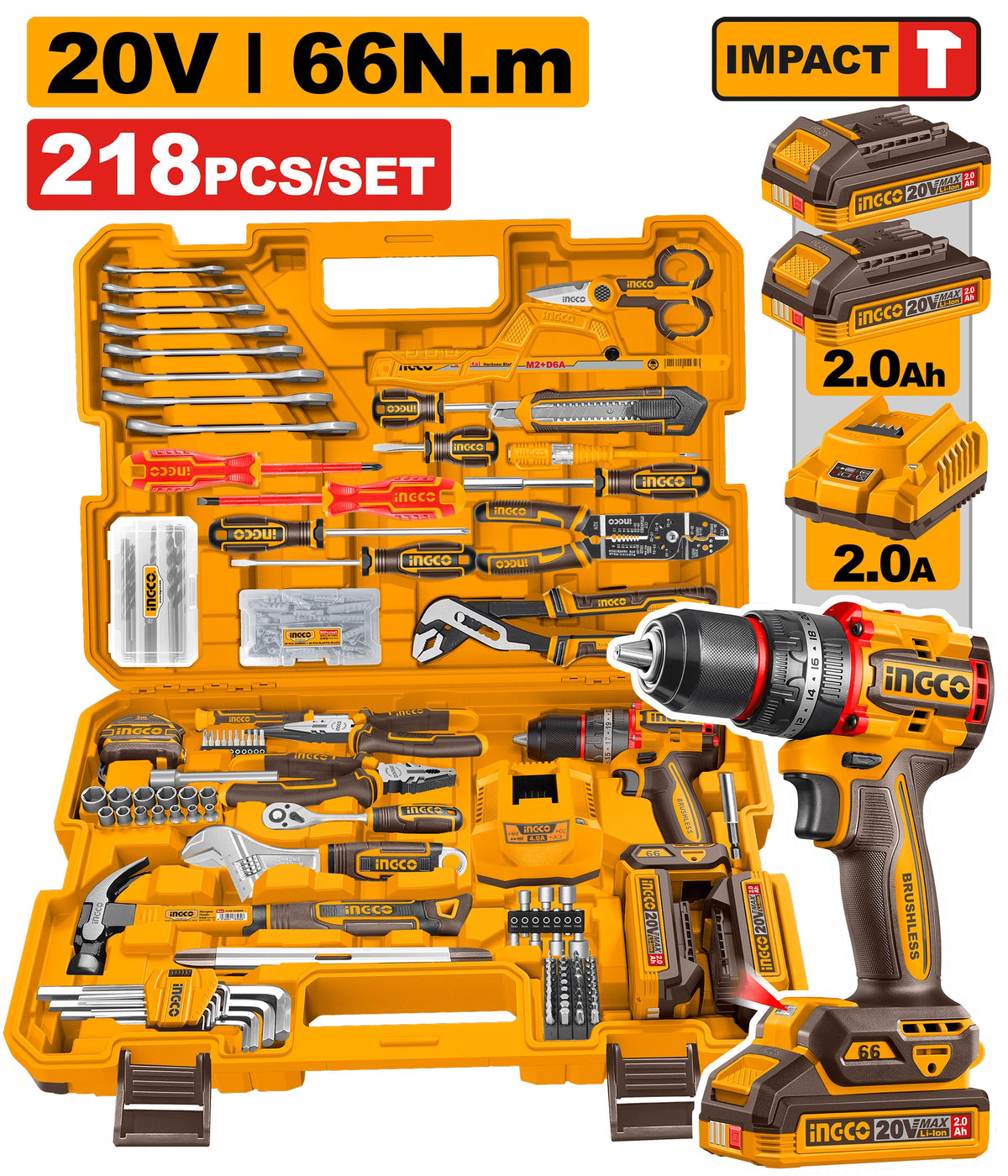 INGCO 20V Impact Drill 66Nm in 218pcs Tool Kit set HKTHP42182