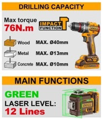 INGCO 20V 76Nm Impact DRILL+12 Lines Green LEVELLER+85m Distancer HLL260467 – view 2