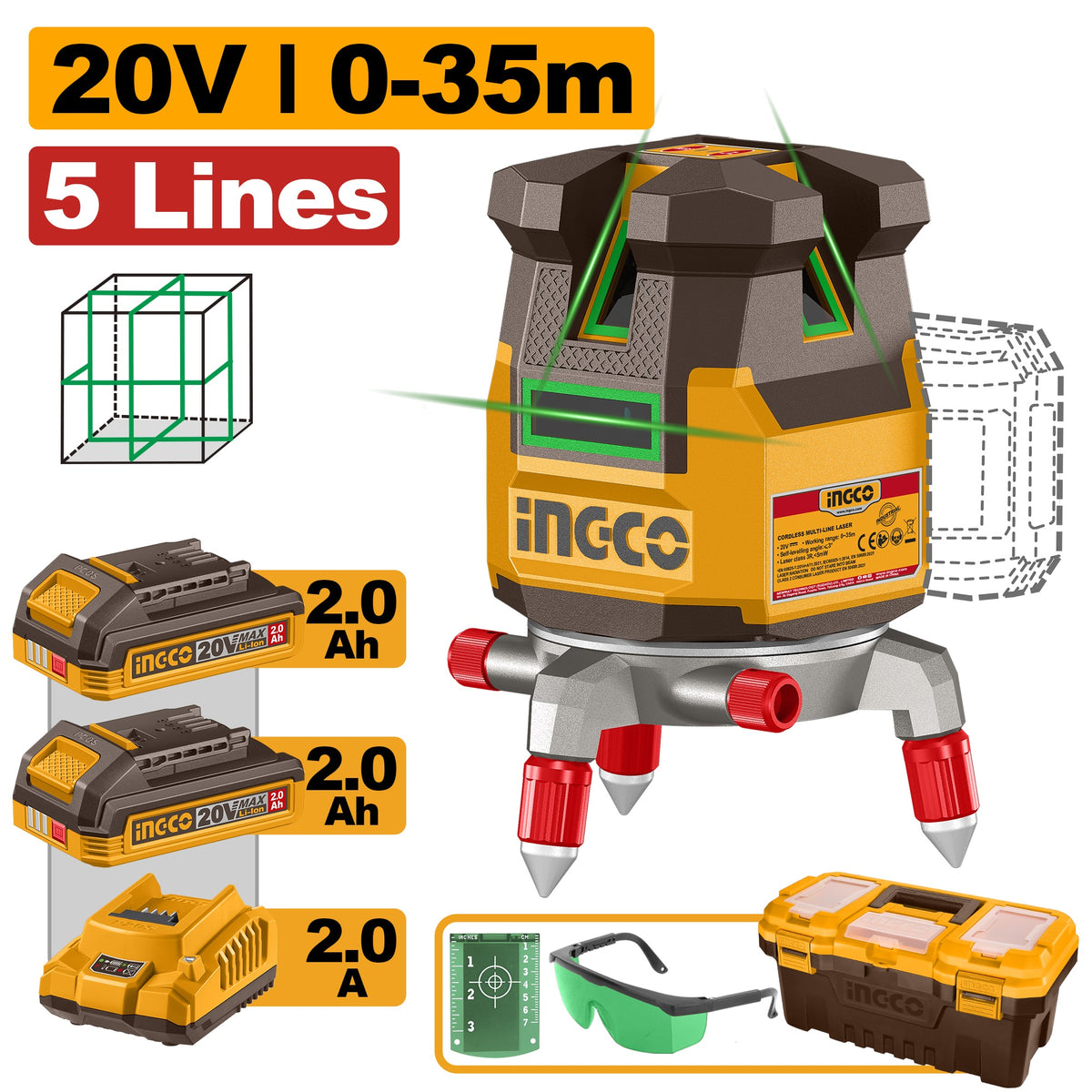 INGCO 20V 5-LINE Green Laser Leveller 4V1H 0-35m 2X2.0Ah+TOOLBOX HLL3053085
