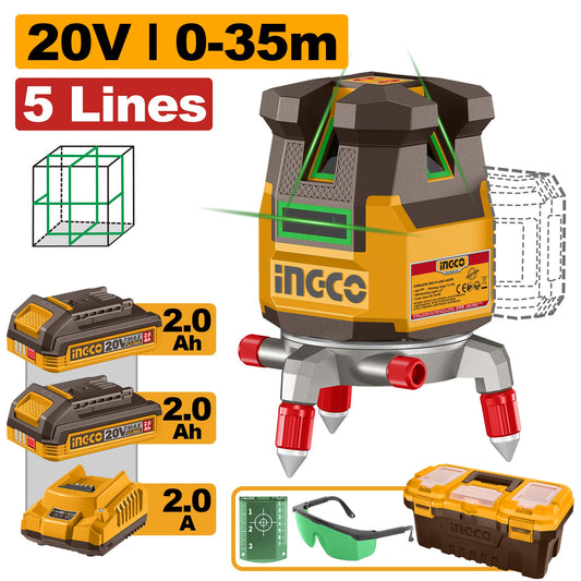 INGCO 20V 5-LINE Green Laser Leveller 4V1H 0-35m 2X2.0Ah+TOOLBOX HLL3053085