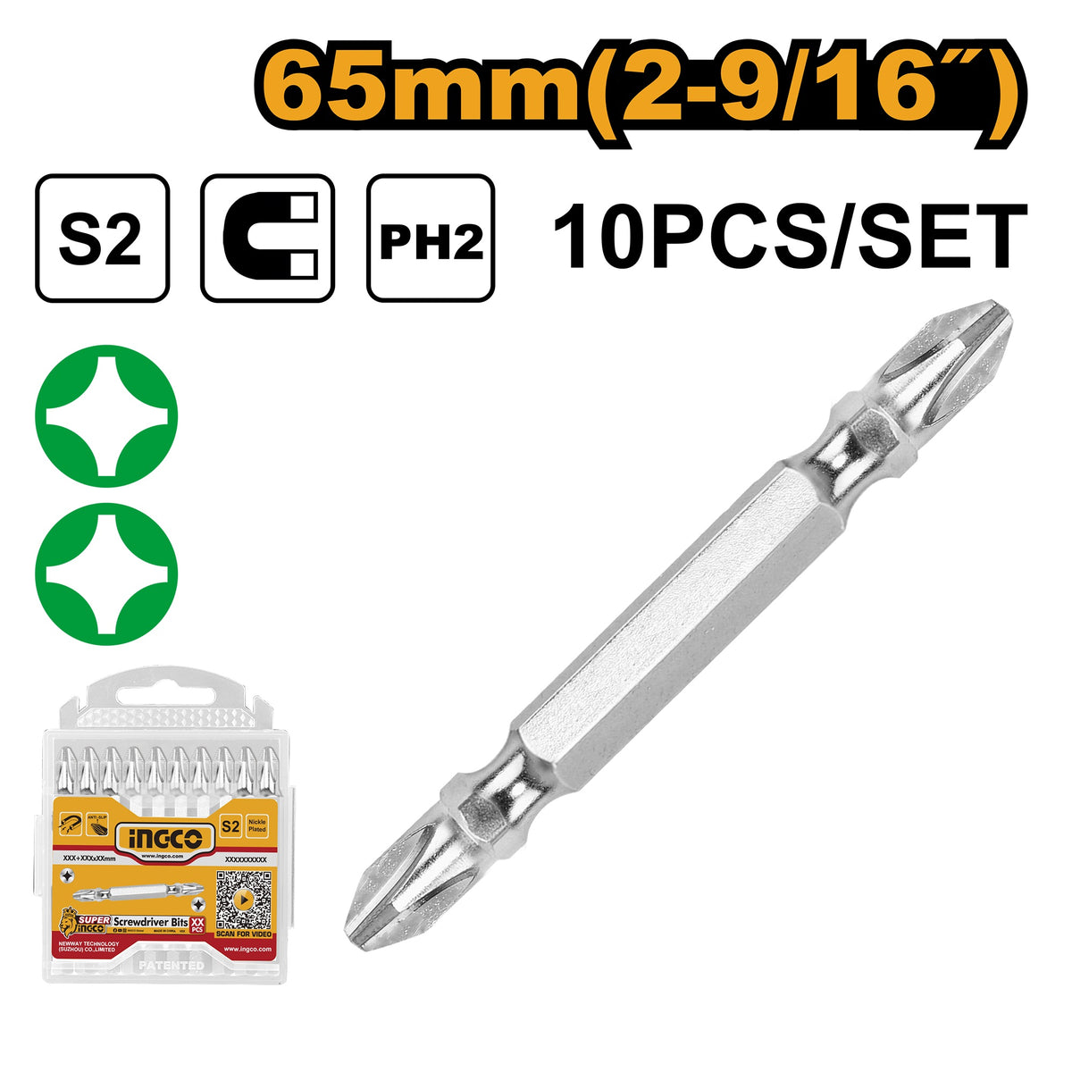 INGCO 10 pcs PH 2 x 65mm Double End Screwdriver Bits SDB21PH233