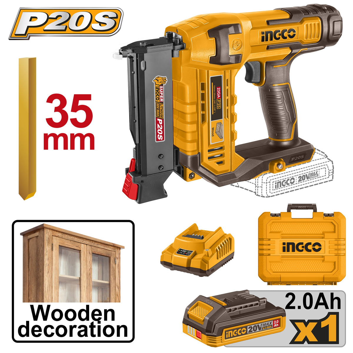 INGCO 20V BL Pin Nailer 10 - 35mm 1X2.0Ah+CHARGER CBNLI3606