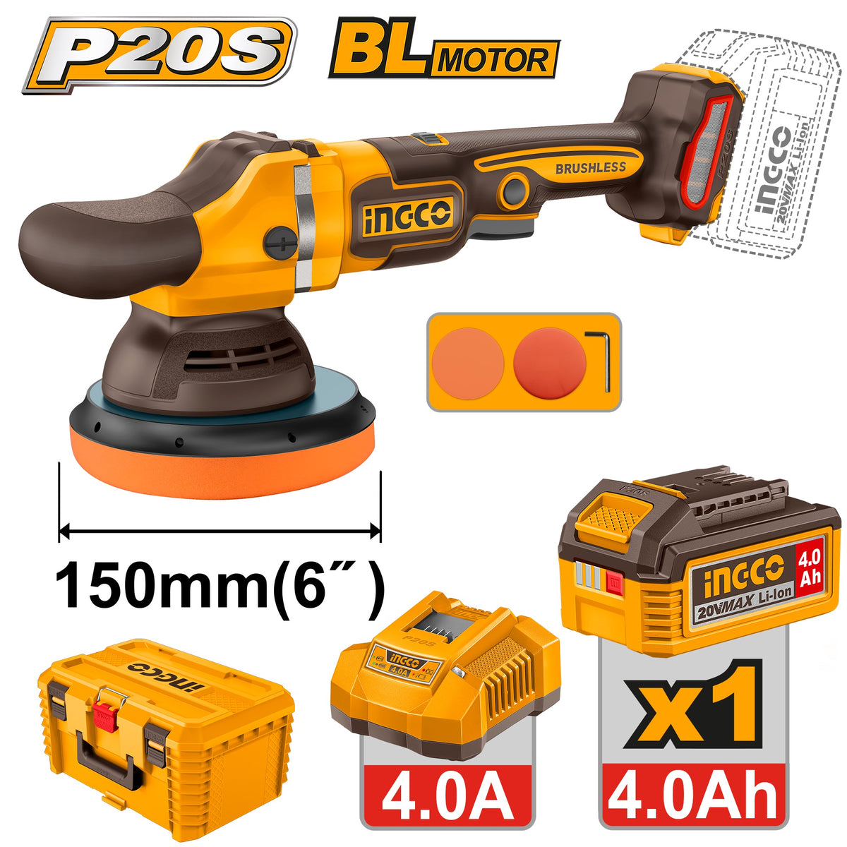 INGCO 20V BL 6" Angle Polisher 2000-4500RPM 1X4.0Ah+STORAGE Box APLI20158