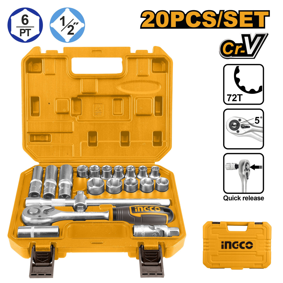 INGCO 20pcs 1/2" DR. Socket set 10-24mm HKTS12201