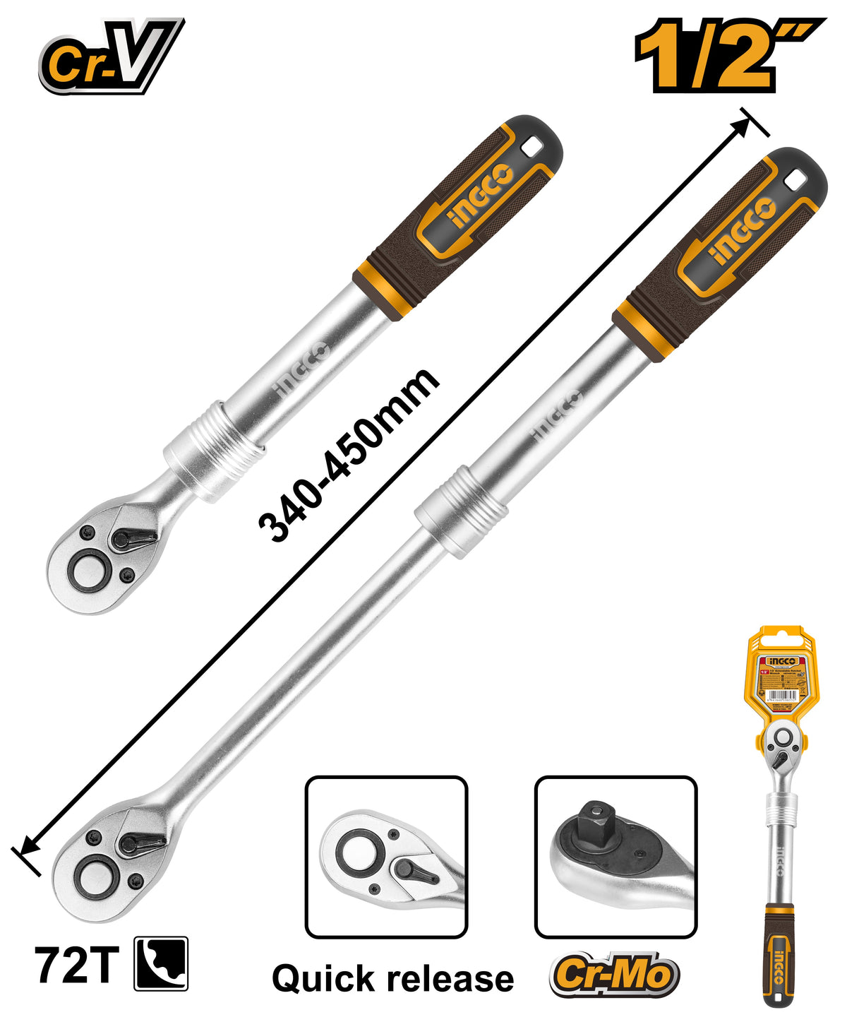 INGCO 1/2" DR. Extendable Ratchet Wrench 72TEETH Lgth 340~450mm HRTH08128L