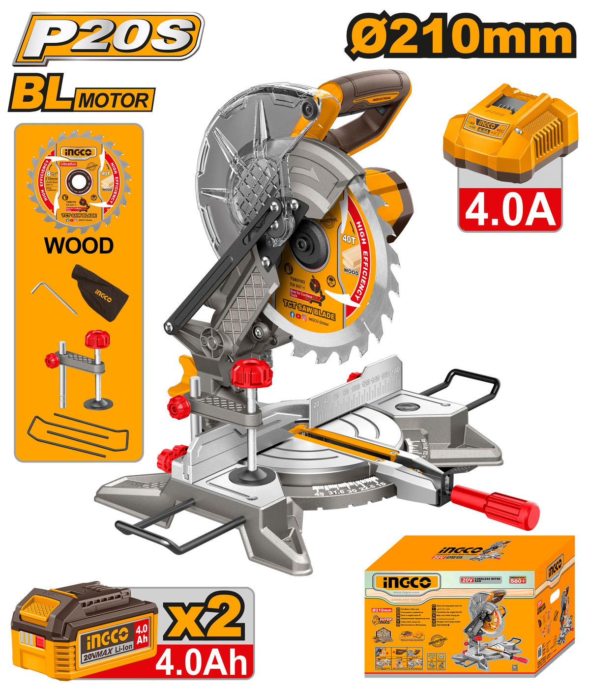 INGCO 20V LI-ION Mitre Saw, 8-1/4" 210mm 2X4.0Ah+CHARGER CMS20212 CMSLI20212