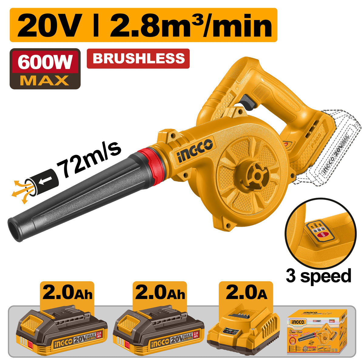 INGCO 20V BL 3 SPEED(13K~19.5K Rpm)blower 2.8M3/MIN 2X2.0Ah CABLI20682