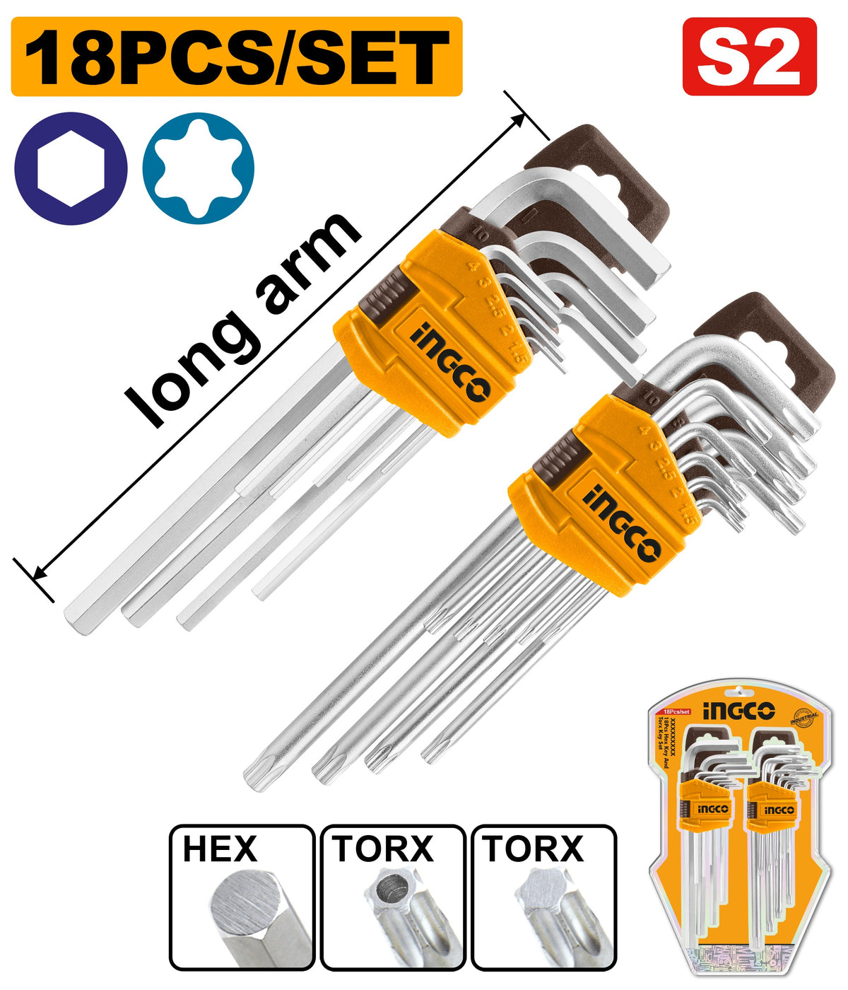 INGCO 18pcs Long Arm Hex KEY(1.5-10mm) & Torx KEY(T10-T50) set HHKSET0182