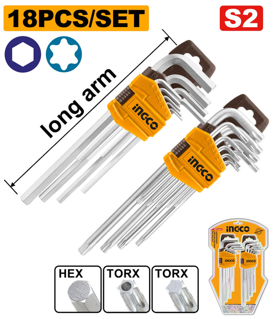 INGCO 18pcs Long Arm Hex KEY(1.5-10mm) & Torx KEY(T10-T50) set HHKSET0182