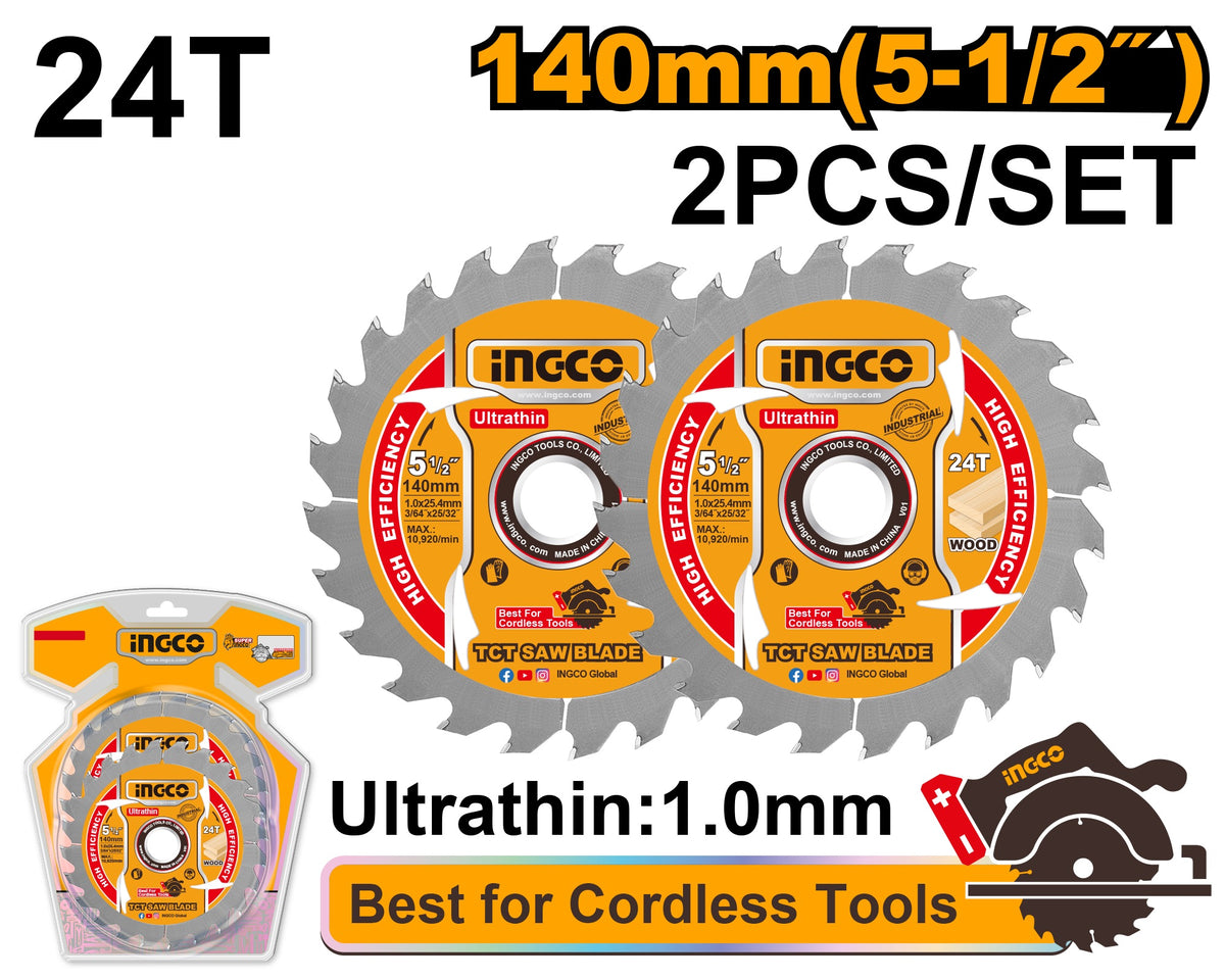INGCO 2pcs TCT Saw Blade Wood Cutting 140mm 5-1/2"X24T TSB1403
