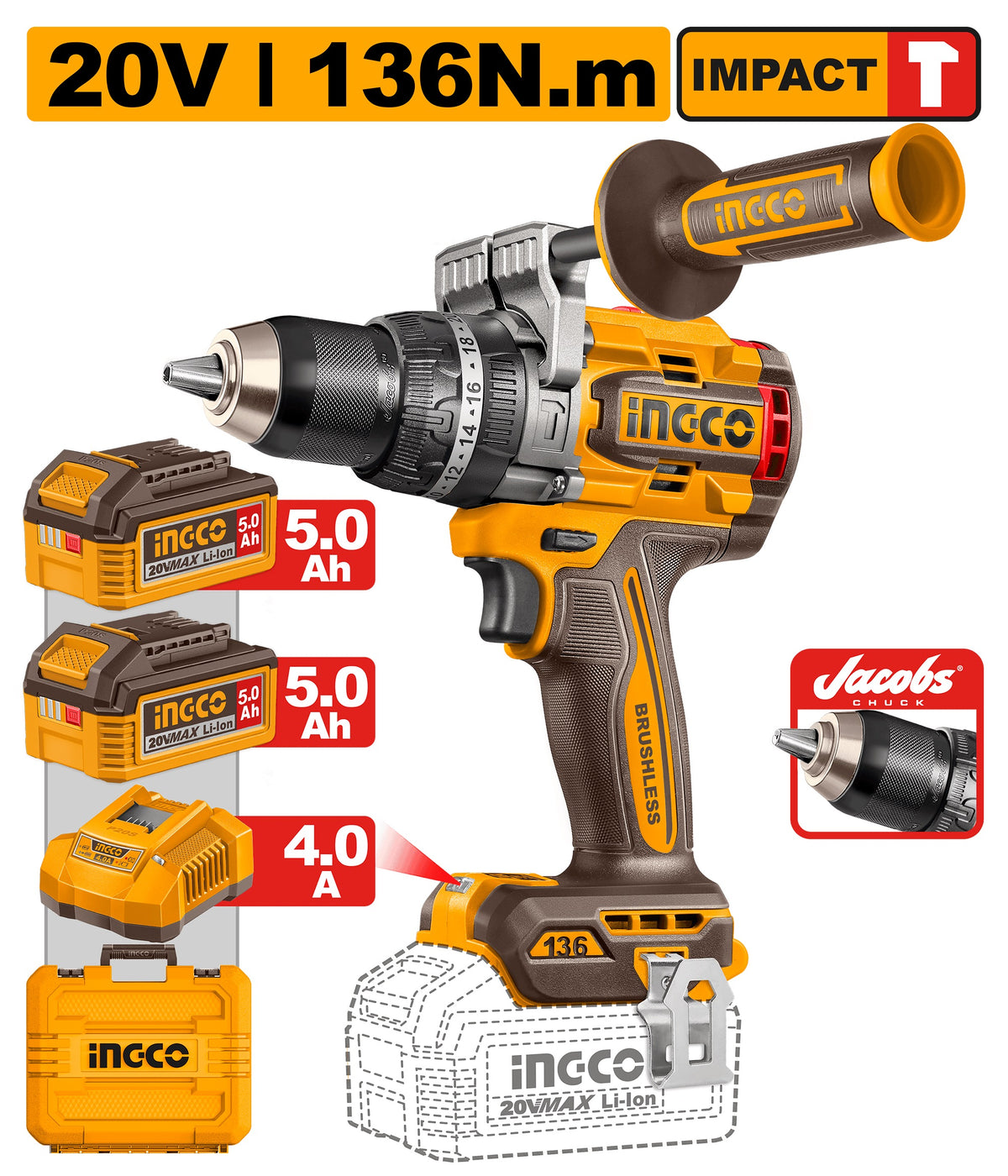 INGCO 20V 136Nm BL High Torque Impact Drill 2X5.0 + Bits & Case CIDLI201368
