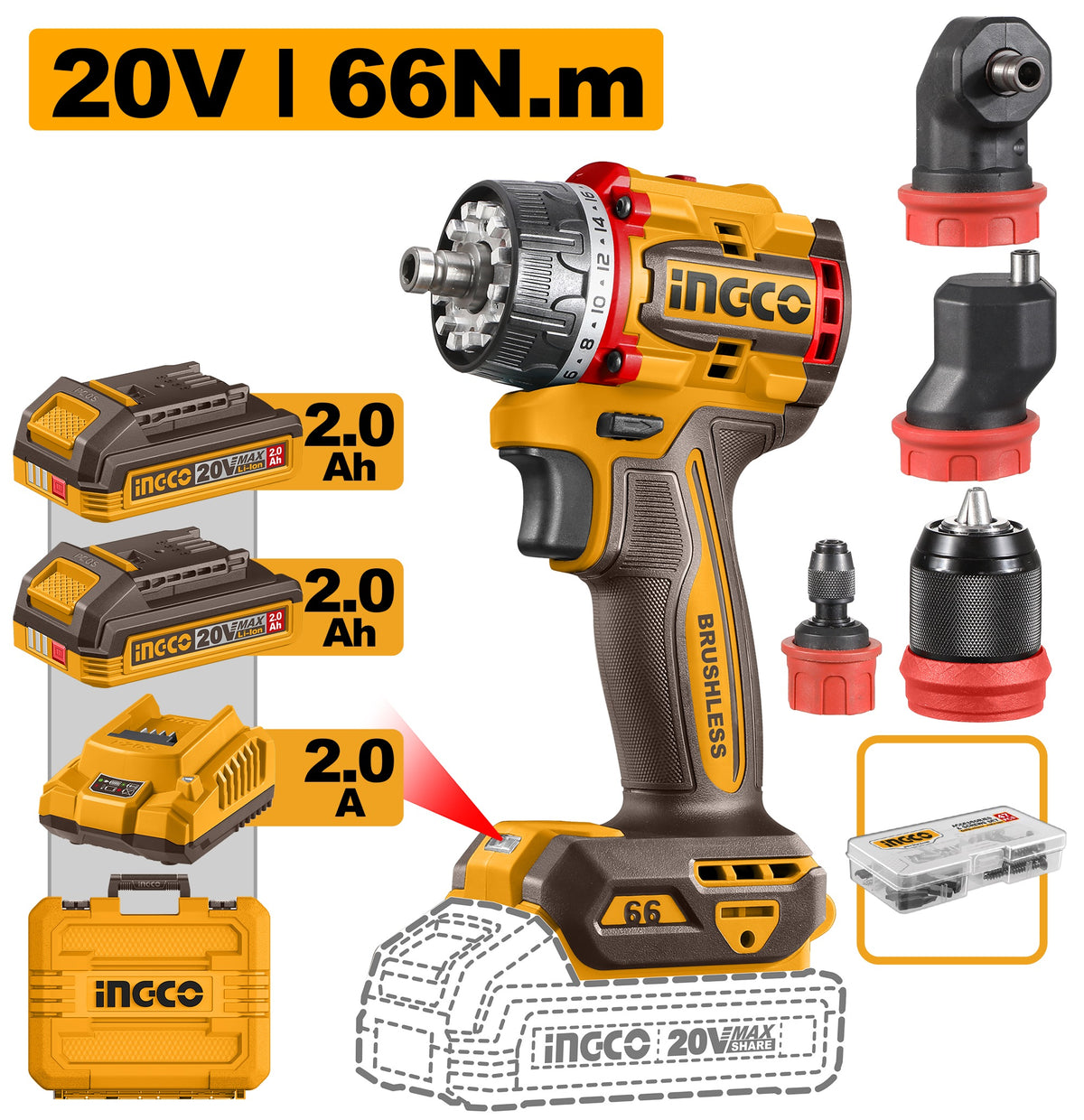 INGCO 20V 66Nm Multi Head Drill Driver 2X2.0+CHARGER+CASE CDLI206686