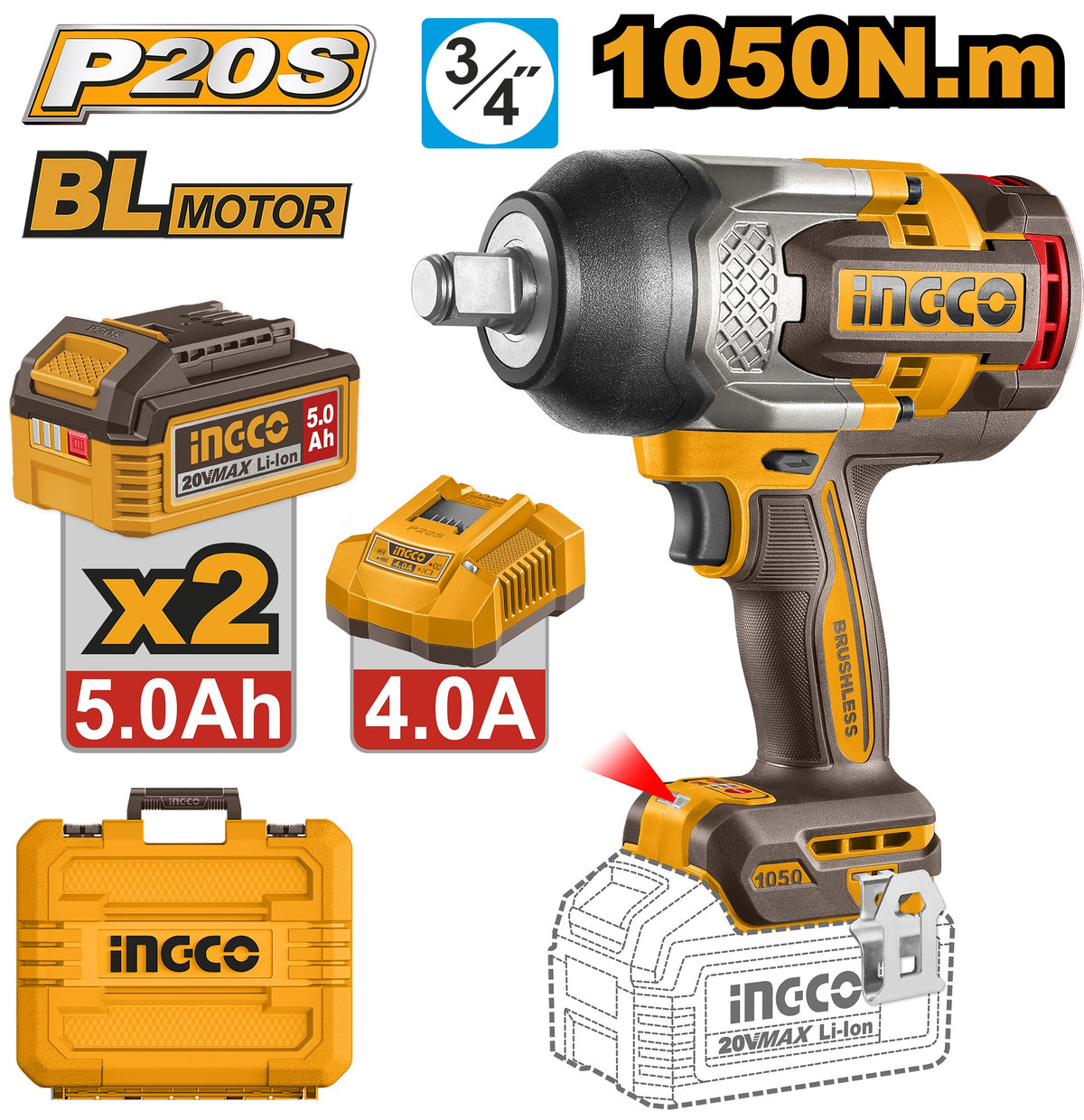 INGCO 20V BL 3/4" Impact Wrench + Ai Mode Max 1050Nm 2X5.0+CHRG CIWLI201056